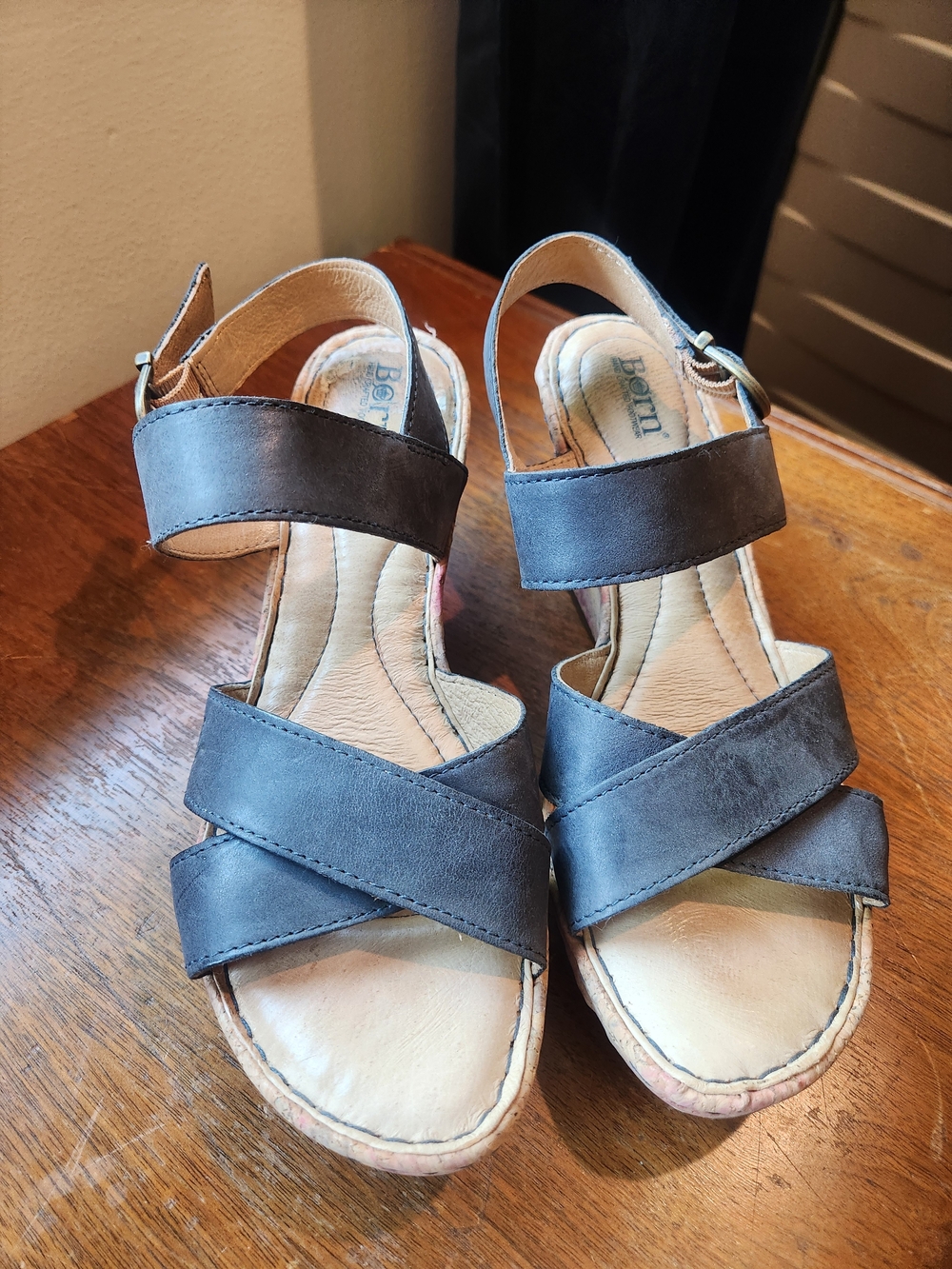 Born Gray/Blue Leather Wedge Sandals